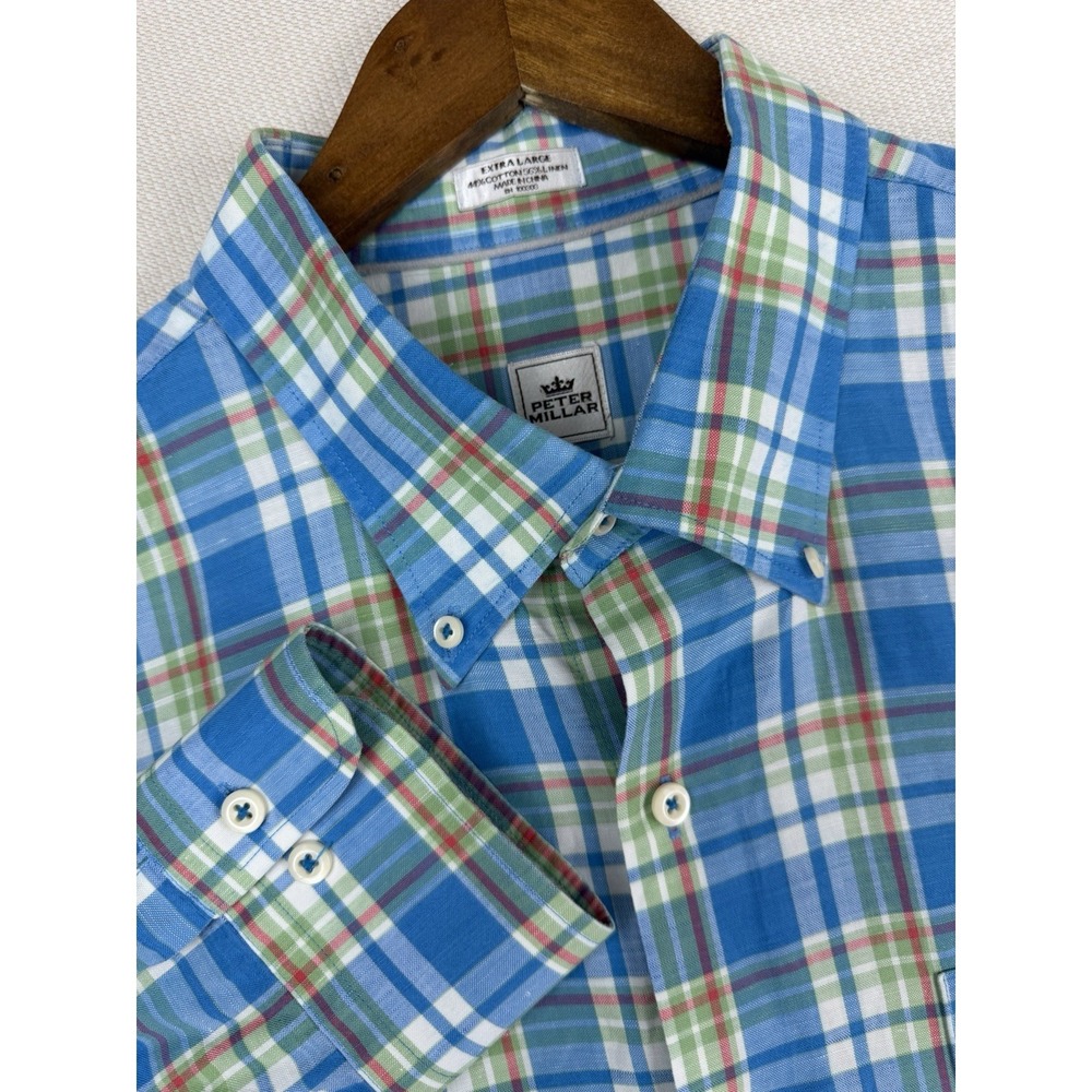 Peter Millar Mens XL Plaid Button Down Shirt Long Sleeve Preppy Linen Blend Blue